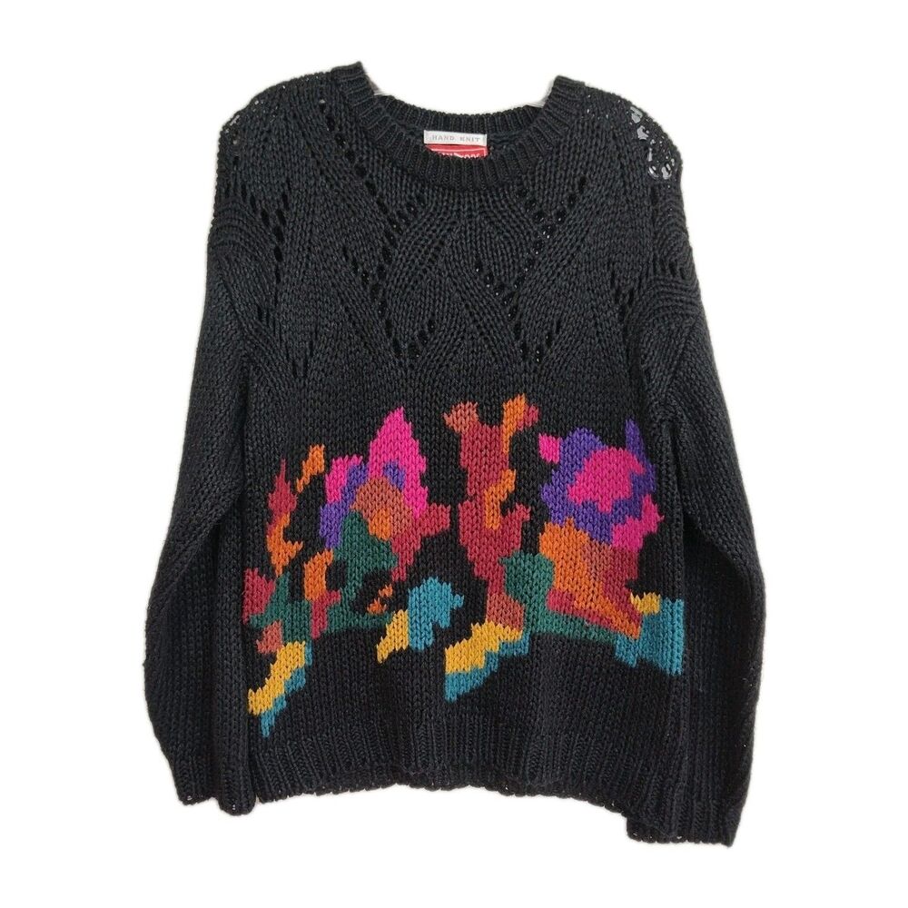 VTG IVY Wear Hand‎ Knit Sweater Women's L 90s Black w/ Colorful Floral Pattern